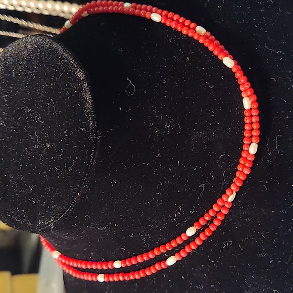Necklace,red coral, freshwater pearls,925 silver,13 inches long,w/room to grow - Picture 3 of 7
